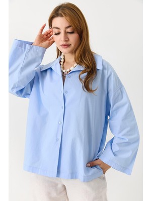 Juuuj Mavi Dokuma Kumaş Gömlek Yaka Uzun Kollu Bol Kesim Düğmeli Basic Oversize Gömlek