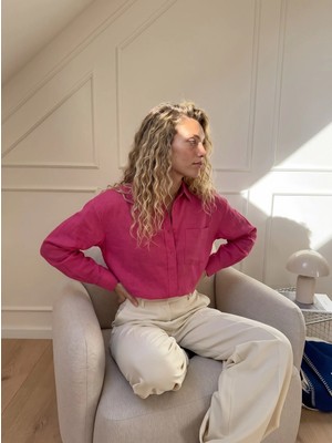 Juuuj Fuşya Polyester Dokulu Kumaş Gömlek Yaka Uzun Kollu Basic Form Tek Cep Detaylı Gömlek