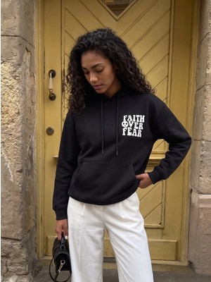 Juuuj Siyah Pamuklu Karışımlı Kapüşonlu Düşük Omuz Oversize Kanguru Cepli Sweatshirt