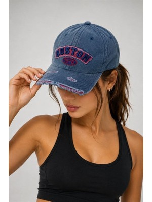 Juuuj Lacivert Kot Yıkamalı Çift Renk Nakışlı Baskı Detaylı Ayarlanabilir Form Denim Kep Şapka