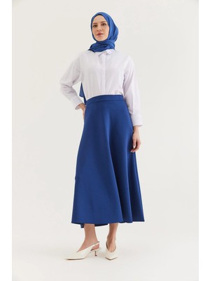Juuuj Mavi Esnek Kumaş Beli Lastikli Rahat Kesim Geniş Form Polyester Kloş Etek