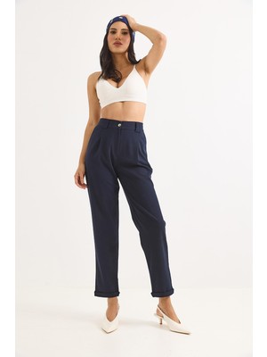 Juuuj Lacivert Polyester Kumaş Beli Lastikli Katlı Paça Standart Kesim Cepli Rahat Form Pantolon
