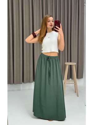 Juuuj Yeşil Dokuma Kumaş Beli Lastikli Bağcıklı Konforlu Kesim Günlük Kullanıma Uygun Uzun Etek