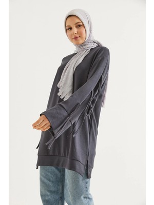 Juuuj Füme Pamuklu Karışım Bisiklet Yaka Düşük Omuz Kolları Bağcık Detaylı Rahat Form Tunik