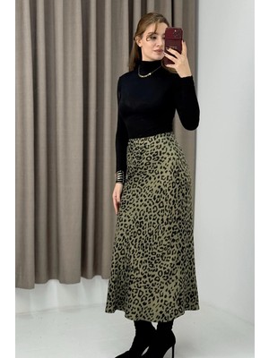 Juuuj Haki Saten Kumaş Beli Lastikli Leopar Desenli Akışkan Formlu Uzun Etek