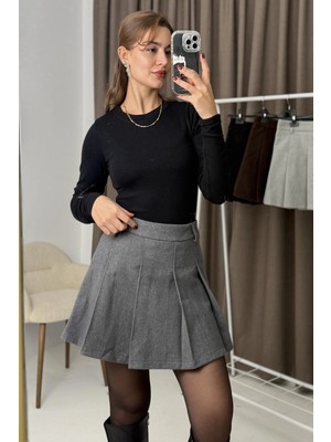 Juuuj Gri Kaşe Kumaş Beli Lastikli Ayarlanabilir Detaylı Pileli Mini Şortlu Etek
