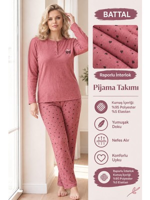 Lindros Kadın Düğme Yaka Raporlu Interlok Kışlık Battal Pijama Takımı 03015 - 1 Adet