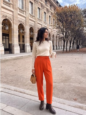 Juuuj Turuncu Dokuma Kumaş Yüksek Bel Havuç Model Çift Düğmeli Palazzo Form Pantolon