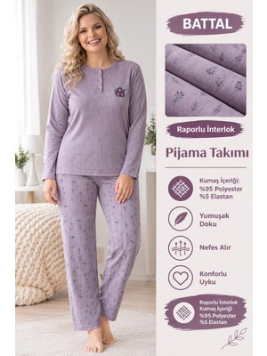 Lindros Kadın Düğme Yaka Raporlu Interlok Kışlık Battal Pijama Takımı 03016 - 1 Adet