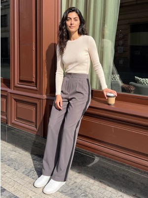 Juuuj Füme Polyester Kumaş Yüksek Bel Palazzo Form Yanları Şerit Detaylı Geniş Paça Pantolon