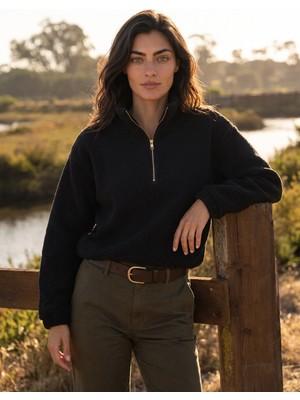 Juuuj Siyah Pamuklu Karışımlı Yarım Fermuarlı Dik Yaka Uzun Kollu Altı Büzgülü Sweatshirt