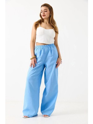 Juuuj Mavi Tensel Kumaş Beli Lastikli Rahat Bol Kesim Günlük Kullanıma Uygun Geniş Paça Pantolon