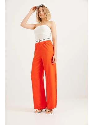 Juuuj Turuncu Polyester Kumaş Beli Şerit Detaylı Yüksek Bel Bol Paça Rahat Kesim Pantolon