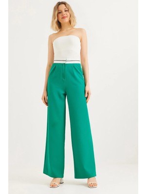 Juuuj Yeşil Polyester Kumaş Yüksek Bel Bol Paça Şerit Detaylı Rahat Kesim Pantolon