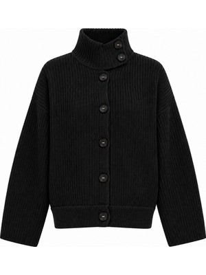 Juuuj Siyah Triko Dokulu Dik Yaka Oversize Fit Düğme Detaylı Düşük Omuz Örme Hırka