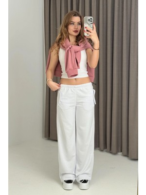 Juuuj Beyaz Pamuklu Karışım Beli Lastikli Rahat Kesim Yan Cepli Boru Paça Eşofman Pantolon
