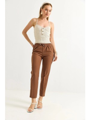 Juuuj Taba Double Krep Kumaş Beli Lastikli Bağcıklı Kısa Paça Double Paça Detaylı Pantolon