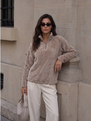 Juuuj Vizon Welsoft Peluş Esnek Dokulu Yarım Fermuarlı Dik Yaka Uzun Kollu Rahat Form Sweatshirt
