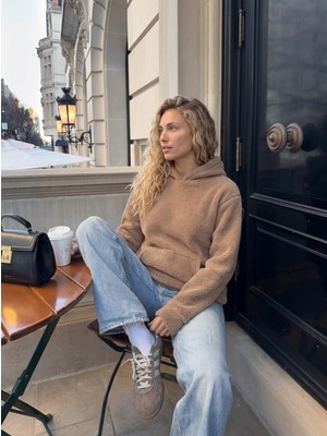 Juuuj Vizon Welsoft Pamuklu Kumaş Kapüşonlu Uzun Kollu Kanguru Cepli Rahat Form Sweatshirt