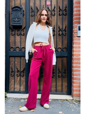 Juuuj Fuşya Selanik Triko Yüksek Bel Esnek Dökümlü Ayarlanabilir Lastikli Detaylı Pantolon