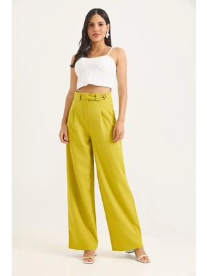 Juuuj Yeşil Polyester Kumaş Yüksek Bel Geniş Paça Pile Detaylı Rahat Form Dokuma Pantolon