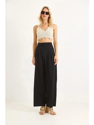 Juuuj Siyah Polyester Kumaş Yüksek Bel Geniş Paça Iki Düğmeli Detaylı Klasik Form Pantolon