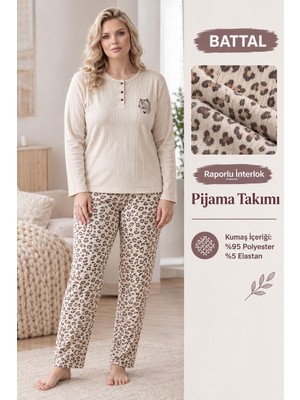 Lindros Kadın Düğme Yaka Raporlu Interlok Kışlık Battal Pijama Takımı 02995 - 1 Adet