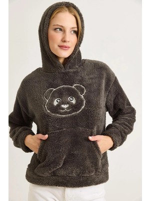 Juuuj Füme Peluş Dokulu Kapüşonlu Yaka Nakış Işlemeli Kanguru Cepli Pamuklu Sweatshirt