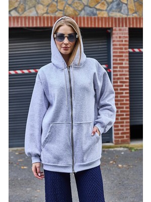 Juuuj Gri Üç Iplik Kapüşonlu Oversize Kanguru Cep Taş Detaylı Fermuarlı Sweat Hırka
