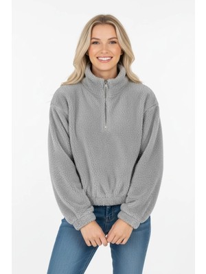Juuuj Gri Pamuklu Karışım Yarım Fermuarlı Dik Yaka Rahat Kesim Altı Büzgülü Peluş Dokulu Sweatshirt