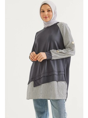 Juuuj Gri Viskon Karışımlı Esnek Kumaş Reglan Kollu Gömlek Garnili Kol ve Etek Detaylı Tunik