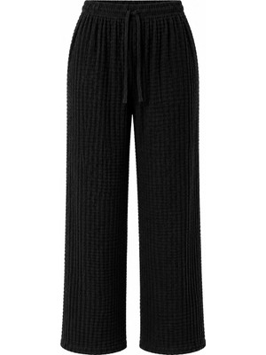 Juuuj Siyah Bürümcük Dokulu Beli Lastikli Rahat Kesim Polyester Kumaş Pantolon
