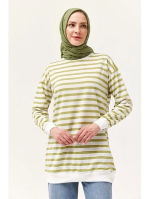 Juuuj Açık Yeşil Pamuklu Karışımlı Bisiklet Yaka Oversize Düşük Omuz Çizgili Desenli Tunik