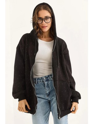Juuuj Siyah Üç Iplik Kapüşonlu Oversize Kanguru Cep Taş Detaylı Fermuarlı Sweat Hırka