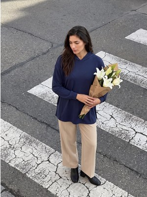Juuuj Lacivert Esnek Modal Kumaş Kapüşonlu Yaka Oversize Yanları Bağlamalı Rahat Form Tunik