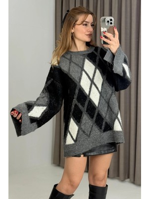 Juuuj Antrasit Baklava Desenli Bisiklet Yaka Oversize Yanları Mini Yırtmaçlı Yumuşak Dokulu Triko Kazak
