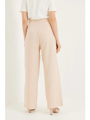 Juuuj Krem Polyester Dokuma Kumaş Yüksek Bel Bol Paça Dökümlü Form Pile Detaylı Pantolon