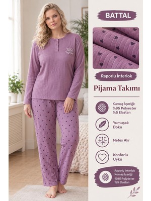Lindros Kadın Düğme Yaka Raporlu Interlok Kışlık Battal Pijama Takımı 02788 - 1 Adet