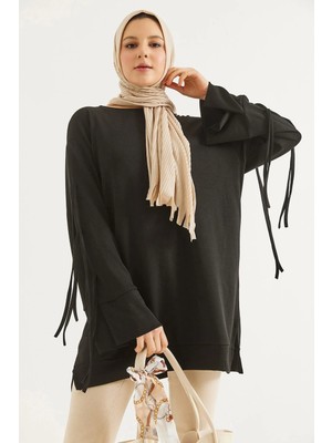 Juuuj Siyah Pamuklu Polyester Karışımlı Bisiklet Yaka Uzun Kollu Bağcık Detaylı Rahat Form Tunik