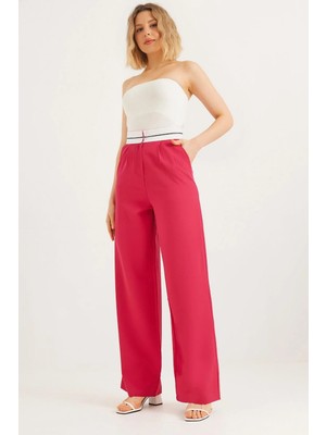 Juuuj Fuşya Polyester Kumaş Yüksek Bel Beli Şerit Detaylı Bol Paça Geniş Kesim Pantolon