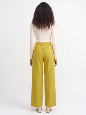 Juuuj Yeşil Polyester Kumaş Yüksek Bel Bol Paça Palazzo Form Pile Detaylı Dokuma Pantolon