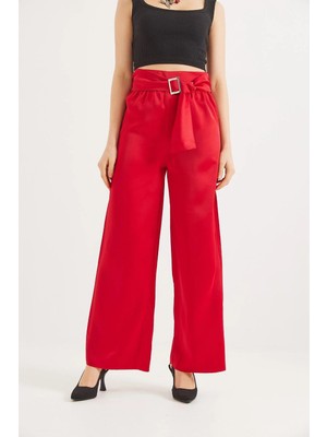 Juuuj Kırmızı Polyester Kumaş Yüksek Bel Ispanyol Paça Kemer Detaylı Dokuma Form Pantolon