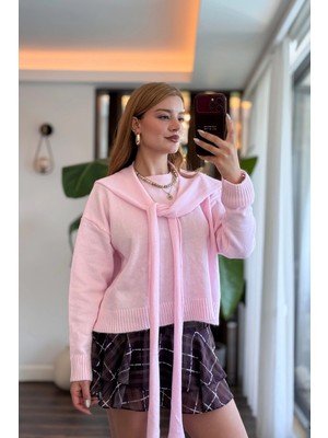 Juuuj Pembe Akrilik Yün Karışımlı Bisiklet Yaka Uzun Kollu Patchwork Detaylı Örme Triko Kazak