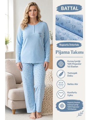 Lindros Kadın Düğme Yaka Raporlu Interlok Kışlık Battal Pijama Takımı 03018 - 1 Adet