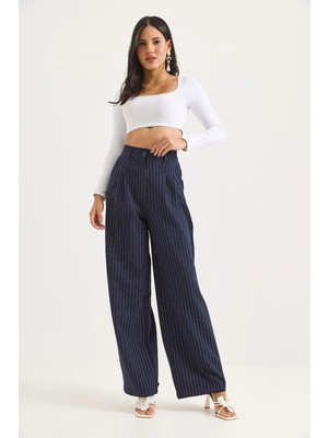 Juuuj Lacivert Polyester Kumaş Yüksek Bel Bol Paça Form Çizgi Desenli Cepli Dokuma Pantolon