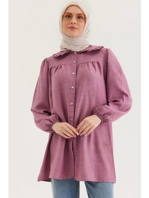 Juuuj Gül Kurusu Keten Kumaş Bebe Yaka Düğmeli Lastik Kollu Rahat Form Gömlek Tunik