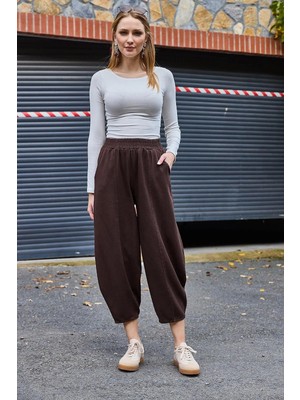 Juuuj Kahverengi Pamuklu Dokuma Beli Lastikli Gabardin Kumaş Rahat Kesim Şalvar Form Pantolon