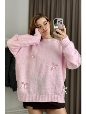 Juuuj Pembe Triko Dokulu Bisiklet Yaka Uzun Kollu Oversize Kurdele Detaylı Geniş Kesim Kazak