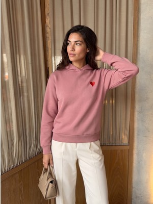 Juuuj Pembe Üç Iplik Şardonlu Kapişonlu Kalp Nakışlı Kanguru Cepli Rahat Kesim Sweatshirt