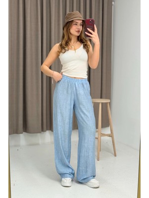 Juuuj Mavi Keten Dokulu Beli Lastikli Bol Kesim Astarsız Rahat Form Günlük Pantolon